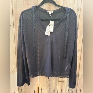 Anthropologie Pilcro Sheer Stripe Lightweight Hooded Pullover in Black small